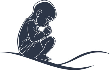Silhouette of a young child sitting alone in contemplation on a curved line
