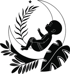 Silhouette of a baby peacefully sleeping on a crescent moon surrounded by tropical leaves and a star