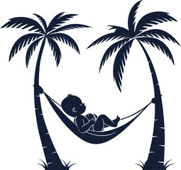 Adorable silhouette of a baby relaxing in a hammock between two palm trees