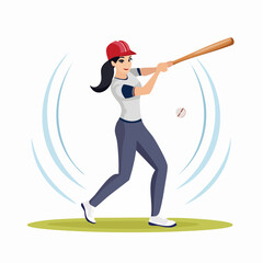 A female baseball player in a red cap and uniform is swinging a wooden bat at a baseball on a green field with motion lines.