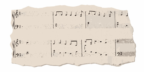 Torn vintage sheet music with musical notes and clefs on aged paper background