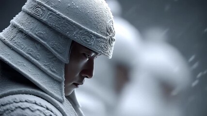 Tang Dynasty Warrior in Armor Contemplating Solemnly on a Snowy Night