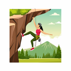 A cartoon illustration of a woman rock climbing on a cliff face with mountains and trees in the background.