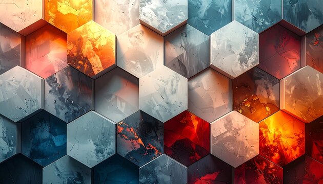 A mesmerizing geometric arrangement of 3D hexagonal tiles. Each tile showcases a unique abstract texture with vibrant colors and shifting hues