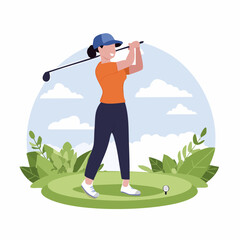 A woman in a blue cap and orange shirt playing golf on a green course under a blue sky.