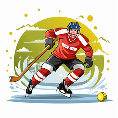 Dynamic cartoon illustration of a hockey player in a red jersey skating on ice with a stick and puck, set against a stylized background.