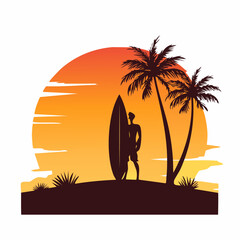 Silhouette of a surfer with a surfboard and palm trees at sunset on a tropical beach, vector illustration.