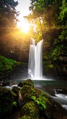A vertical image showcases a stunning waterfall cascading into a serene pool, encircled by verdant foliage and moss-covered stones. Sunlight streams through the trees