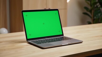 Laptop on table with green screen, for content placement and mockups in a home office setting