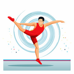 A male athlete in a red leotard performing a graceful balance pose with one leg raised and arms extended, set against a blue swirl background.