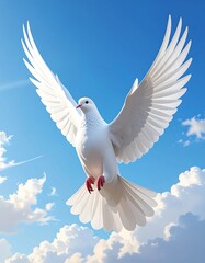 A pristine white bird, wings outstretched, soars gracefully against a vibrant blue sky dotted with fluffy, white clouds, symbolising freedom