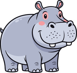 A cartoon illustration of a grey hippopotamus with a friendly expression.