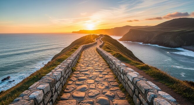 A stone path winding to the horizon at sunset with beautiful colors