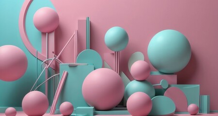 Abstract 3D Rendering of Pastel Pink and Blue Geometric Shapes, Spheres, and Cylinders in a Minimal, Modern, and Artistic Composition