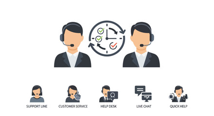 Two customer service agents with headsets and a 24/7 support icon, along with various customer assistance options.