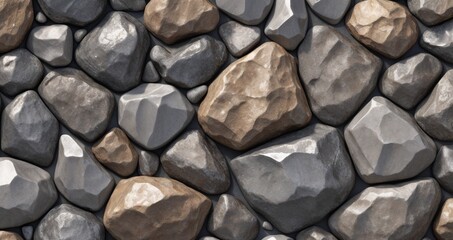 Seamless Texture of a Natural Stone Wall with Irregularly Shaped Pebbles in Various Shades of Grey and Brown
