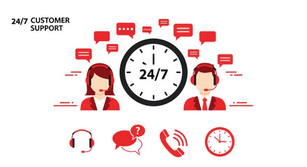 Illustration depicting 24/7 customer support with operators, speech bubbles, and related icons.
