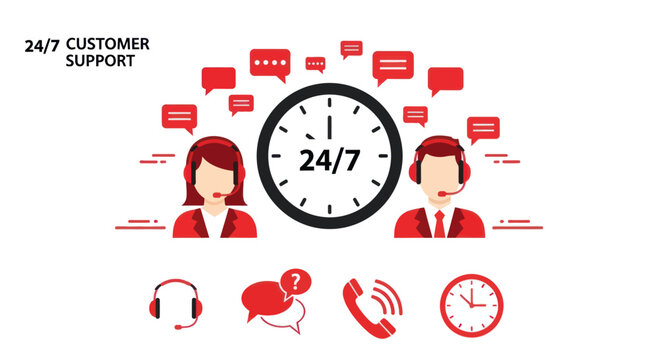 Illustration depicting 24/7 customer support with operators, speech bubbles, and related icons.