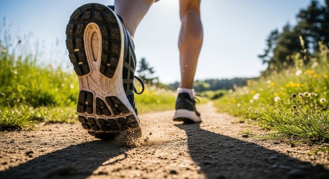 Runner's foot with athletic shoe on a dirt trail. Outdoor jogging action, sole impacting ground, dust kicking up. Healthy exercise in sunny nature.