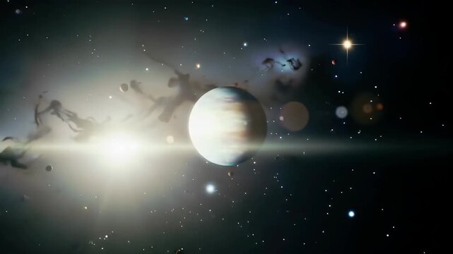 Planet floating in nebula with starlight, space background, for science fiction, cosmic themes