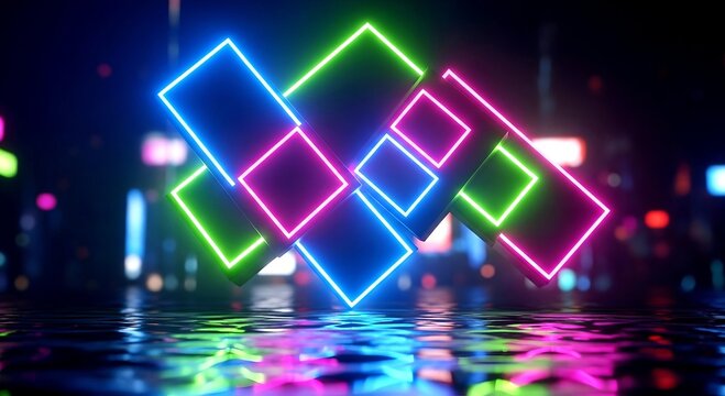 Abstract Neon Squares Reflecting in Water with Vibrant Colors an