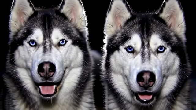 Two Siberian huskies with blue eyes, looking forward on black background, for pet care advertisement
