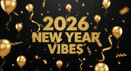 Happy new year 2026 vibes with golden balloons and confetti on black background