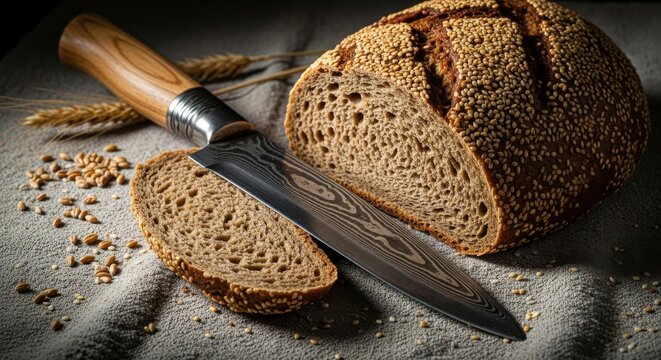 Rustic whole grain bread loaf and a fresh slice. A sharp knife rests beside wheat grains on natural fabric. Healthy food concept.