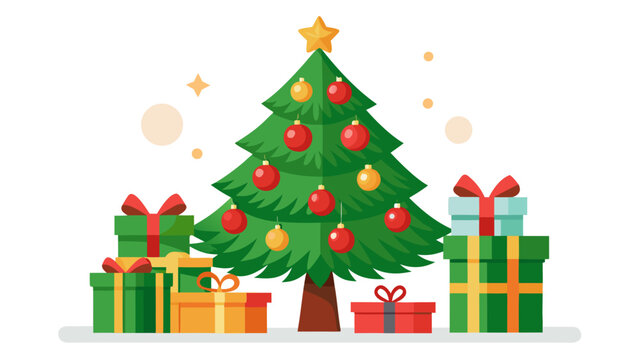 Festive christmas tree surrounded by colorful gift boxes and ornaments