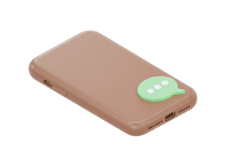 3D pastel mobile phone icon with a light green speech bubble containing three white dots representing a message on a transparent background with soft plastic material and gentle glossy highlights