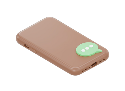 3D pastel mobile phone icon with a light green speech bubble containing three white dots representing a message on a transparent background with soft plastic material and gentle glossy highlights - Powered by Adobe