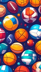 A vibrant illustration showcasing various sports balls, including soccer, basketball, and football, set against a dark blue background