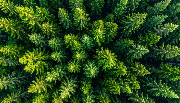 An aerial shot showcases a dense evergreen forest from above. The different shades of green create texture and depth. Sunlight filters through the canopy - Powered by Adobe