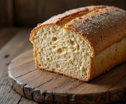 Freshly sliced whole wheat bread loaf on a wooden cutting board for a healthy breakfast meal
