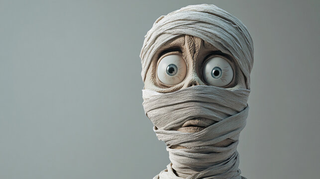 Spooky mummy face wrapped in bandages with wide eyes for Halloween themed designs - Powered by Adobe