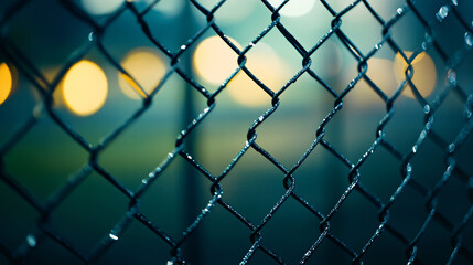 Fototapeta premium Moody chain link fence backdrop with bokeh lights evokes urban atmosphere at night