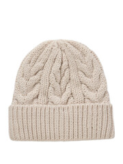Warm knitted winter cap on a plain white backdrop for woman