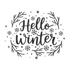 Hello Winter vector design featuring black typography and calligraphy. Stylish logo template for greeting cards, winter sales, and welcome banners celebrating the winter season.