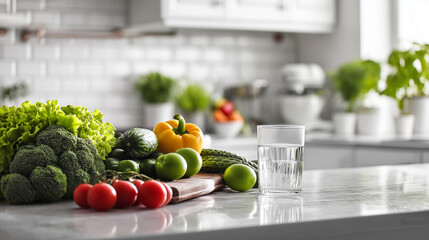 Fresh vegetables and water jug on a kitchen counter in sunlight