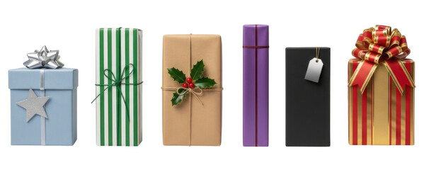 Assortment of wrapped gifts in various sizes and styles transparent background cutout png