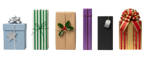 Assortment of wrapped gifts in various sizes and styles transparent background cutout png