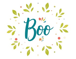 Teal "Boo" in script surrounded by floral elements on white