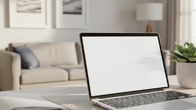 Laptop on Desk with Plant and Notebook in Bright Home Office, Natural Light and Minimalist Design