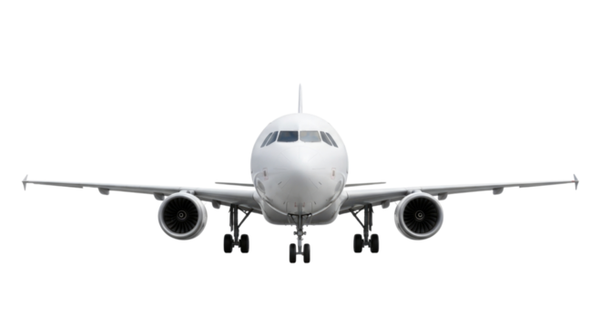 Front view of a commercial airplane transparent background cutout png