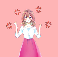 両手で握りこぶしを作り怒っている女性　ムカつきマーク