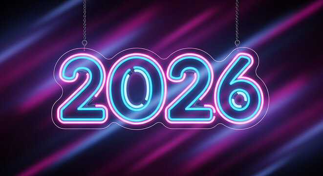 Bright neon 2026 new year sign hanging against a dark background