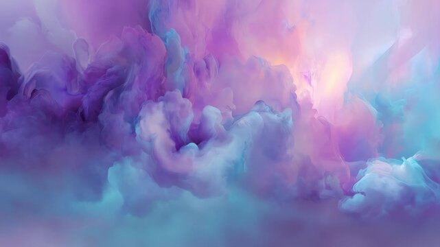 Colorful abstract clouds blending light purple, pink, blue, and teal tones create a mesmerizing visual experience full of vibrant pastel hues and neon highlights in a dreamy scene
