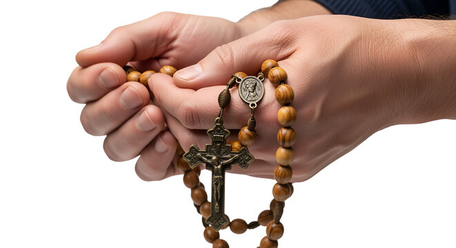 Close up of Person Praying the Rosary with Hands, Isolated on Transparent Background.
