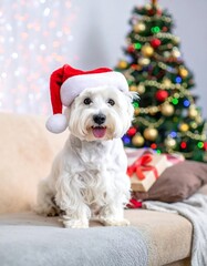 A small white dog wears a Santa hat and sits on a couch in front of a decorated Christmas tree with bokeh lights