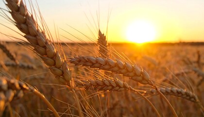 Close-up of golden wheat stalks against a sunlit horizon, capturing the warmth and glow of the sunset